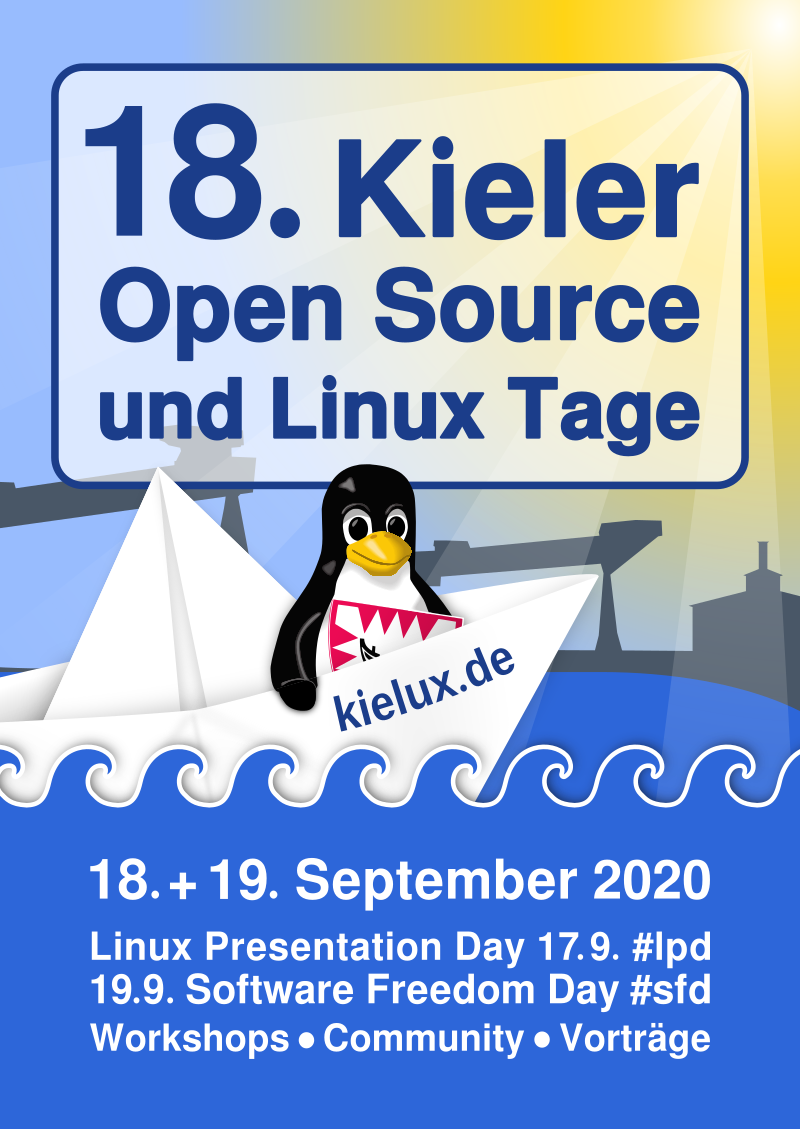 Tux auf dem Papierboot - 18. Kieler Open Source und Linux Tage am 18.19.9.2020, Linux Presentation Day am 17.9.2020